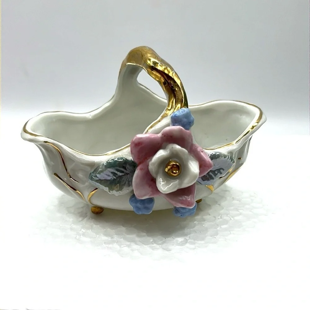 Pink and Blue Floral Porcelain Basket Gold Tone Mini